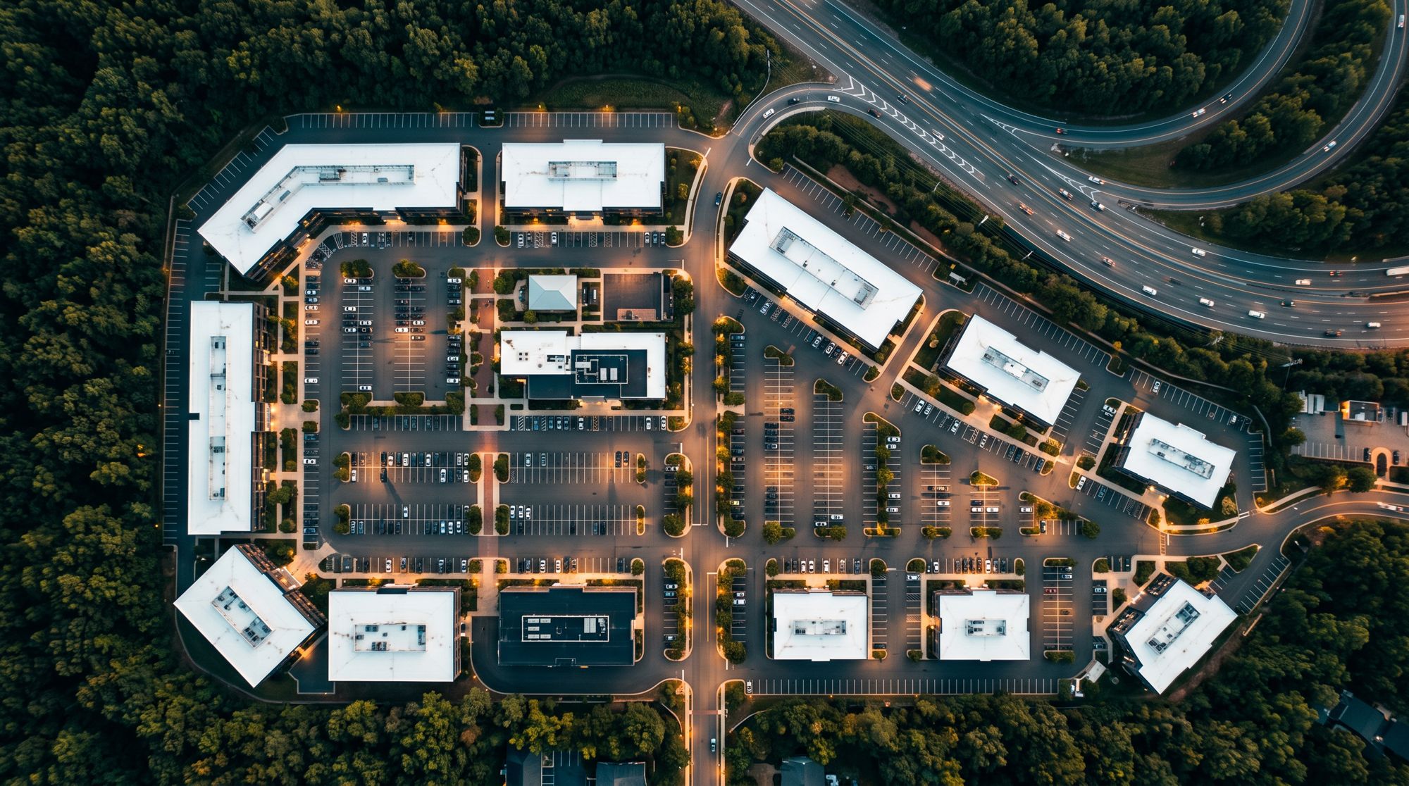 Office park from above at dusk